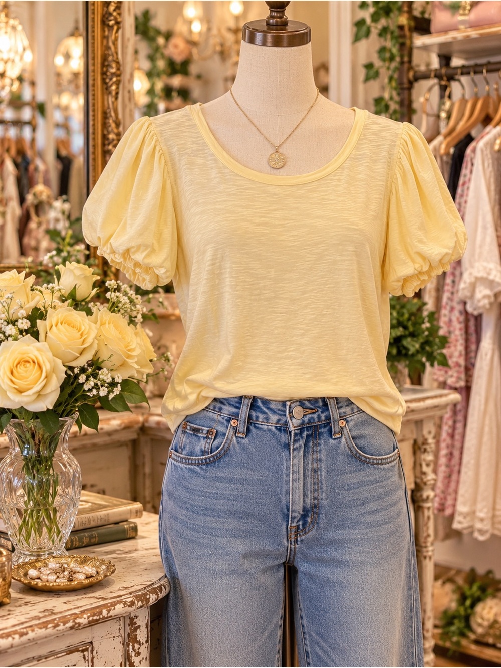 Jane and Delancey Pale Yellow Puff Sleeve Scoop Neck Tee